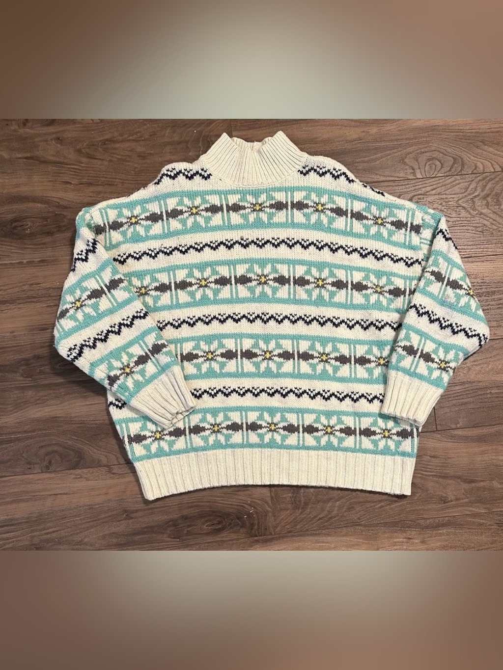 American Eagle Fair Isle Mock Neck Oversized Large Sweater Cream Womens L Vtg
